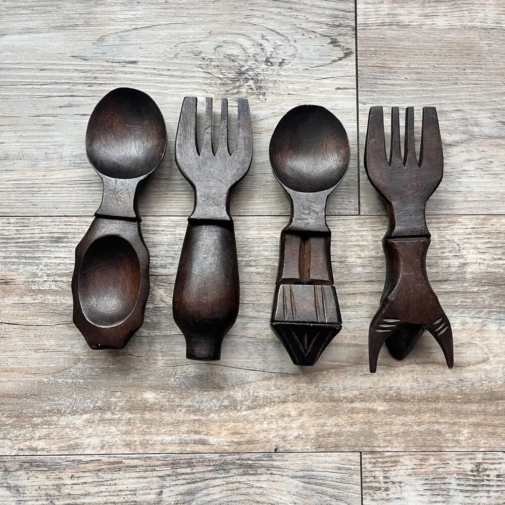 Vintage Western Carved Wooden Salad Servers Spoon Fork Rustic Cowboy Utensils